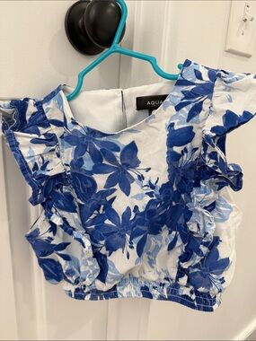 Aqua Blue Floral cropped  Ruffle Crop Top